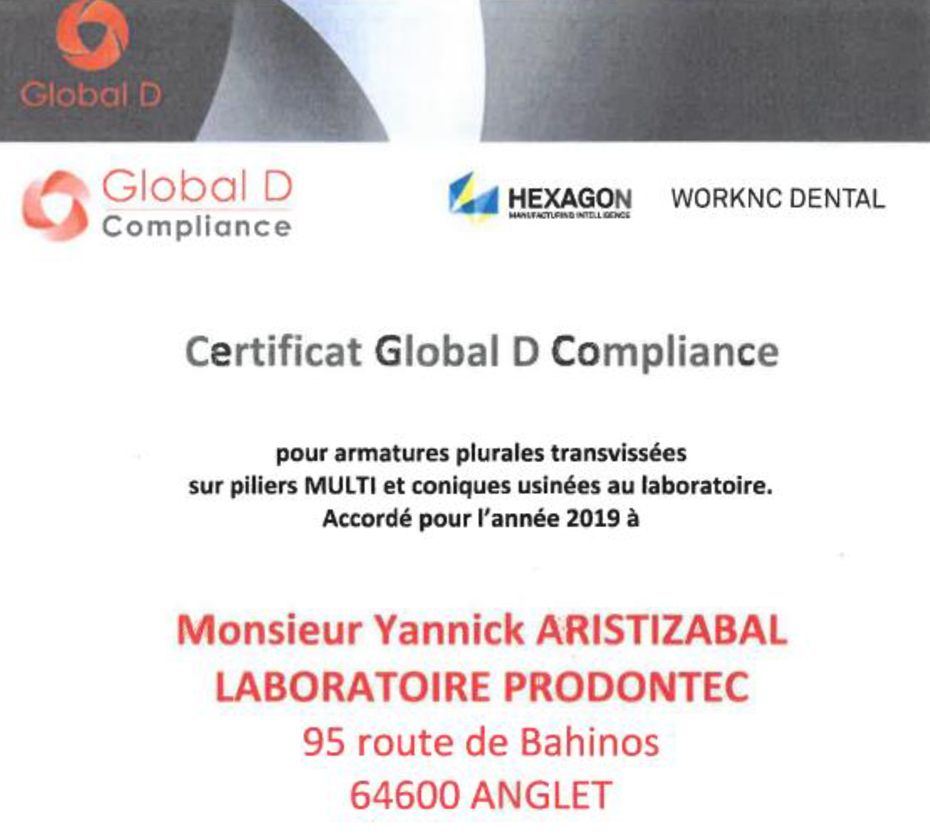 Prodontec, certificat Global D Compliance